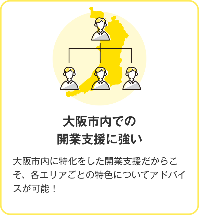 大阪市内での開業支援に強い 大阪市内に特化をした開業支援だからこそ、各エリアごとの特色についてアドバイスが可能！